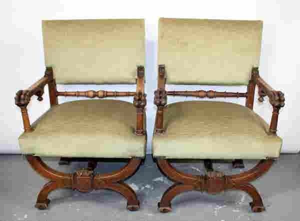 Pair French Gothic Revival curule throne chairs