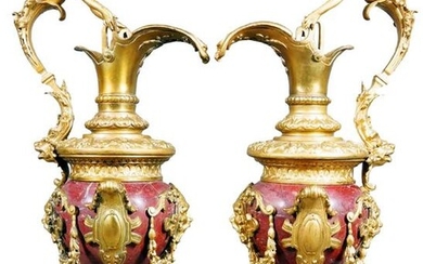 Pair Of Rouge Marble And Gilded Bronze Urns