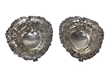 Pair Victorian silver bonbon dishes of heart shaped form, with pierced decoration