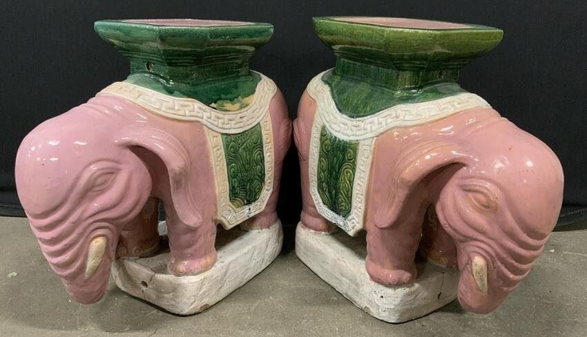 Pair Vintage Glazed Ceramic Elephant Plant Stands