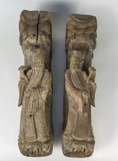 Pair of Carved Wood Temple Guardians