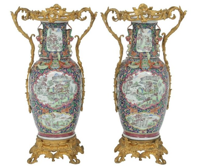 Pair of Chien Lung Porcelain & Bronze Vases