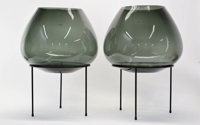 Pair of Dome Deco Gray Glass Colored Vase on Metal...