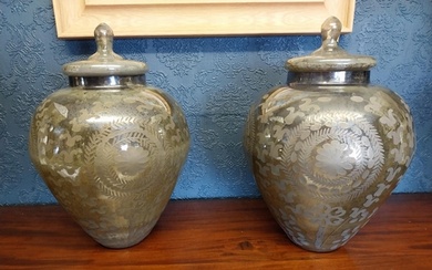 Pair of Edwardian mercury glass lidded vases {46 cm H x 35 c...