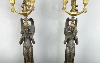 Pair of Empire Bronze 3 Light Figural Candelabras