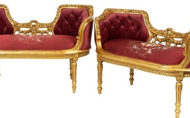 Pair of French Louis XVI style Hand Carved Gold GiltwoodLuxury Salon Benches