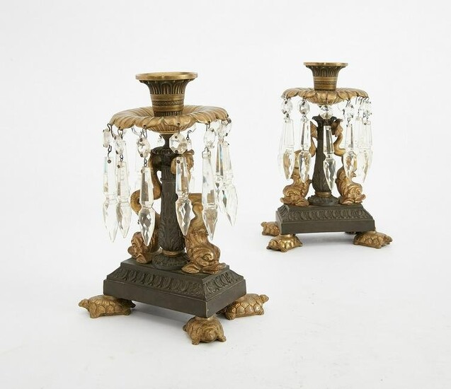 Pair of French bronze and cut glass candlesticks