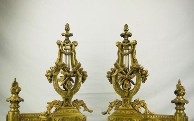 Pair of French "fireplace Alari" in the shape of a harp decorated with garlands (2) - Louis XVI Style - Bronze, Gilt - 19th century