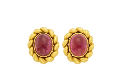 Pair of Gold and Cabochon Pink Tourmaline Earclips