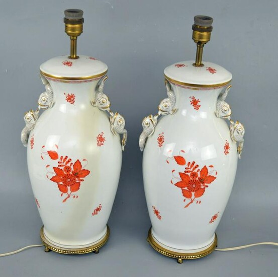 Pair of Herend Chinese Bouquet Porcelain Lamps