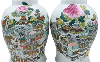 Pair of Large Famille Rose Chinese Pots