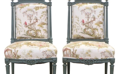 Pair of Painted Louis XVI Style Side Chairs in Printed Toile