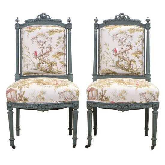 Pair of Painted Louis XVI Style Side Chairs in Printed Toile