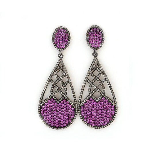 Pair of Pink Sapphire, Diamond, Sterling Silver