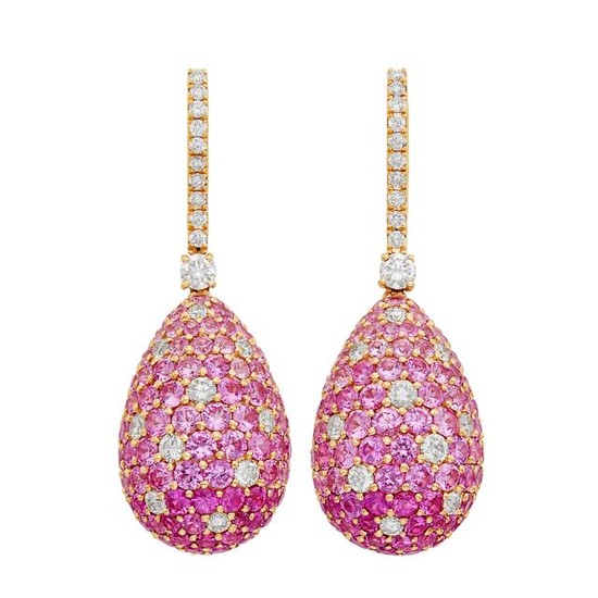 Pair of Rose Gold, Pink Sapphire and Diamond Pendant-Earrings