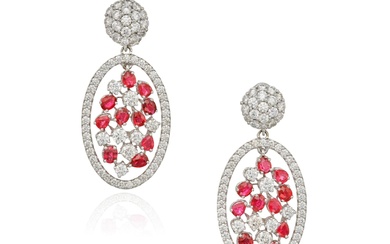 Pair of Ruby and Diamond Pendant-Earclips