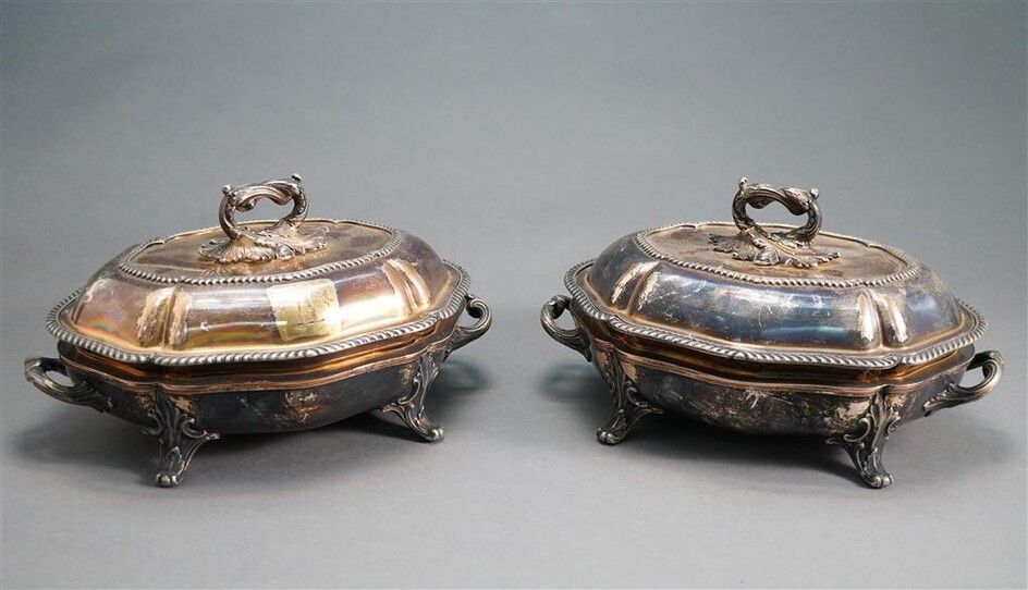Pair of Sheffield Silver Plate Covered Vegetable Dishes on Warming Stands