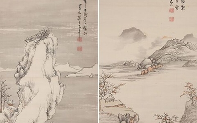 Pair of hanging scroll paintings - Silk, Wood - Hine Taizan (1813-1869) - Very fine scroll set sumi-e landscapes with light colors - With original tomobako - Japan - 1862 (Bunkyû 2)