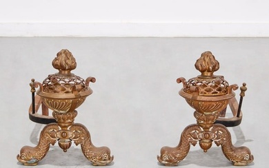 Pair unusual French brass brazier andirons
