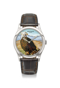 Patek Philippe. A very fine and extremely rare platinum limited edition automatic wristwatch with unique cloisonné enamel ''American Eagle'' dial signed by Anita Porchet, Certificate of Origin and box, SIGNED PATEK PHILIPPE, GENÈVE, REF. 5077P-031,...
