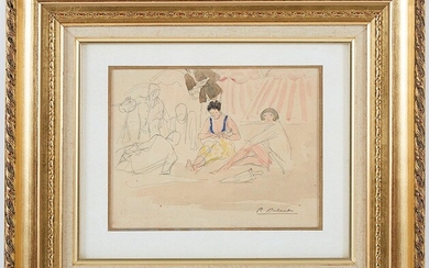 Pierre Olivier DUBAUT (1886-1968) Musique à la plage Crayon et aquarelle signé du cahet d...