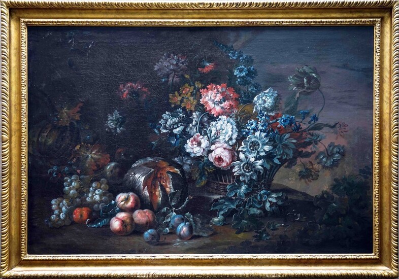 Pieter Casteels III, "Still life of Summer Flowers in a Basket with Fruit"