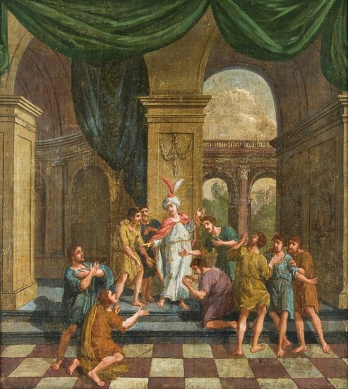 Pittore europeo del XVII-XVIII secolo - Interno architettonico con personaggi