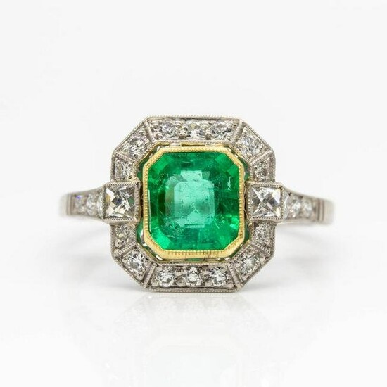 Platinum Colombian Emerald and French Cut Diamond Ring