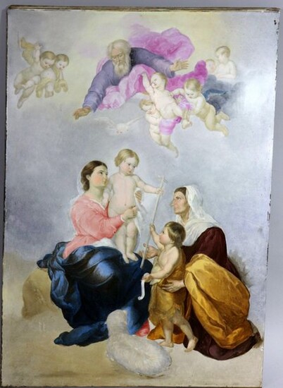 Porcelain plate painted in the taste of the XVIIIth representing "Saint Anne, the Virgin Mary, the baby Jesus and Saint John the Baptist" Dim: 80cm x 60cm.