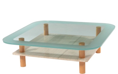 Post Modernist Oak, Travertine, and Glass Top Coffee Table, Late 20th Century
