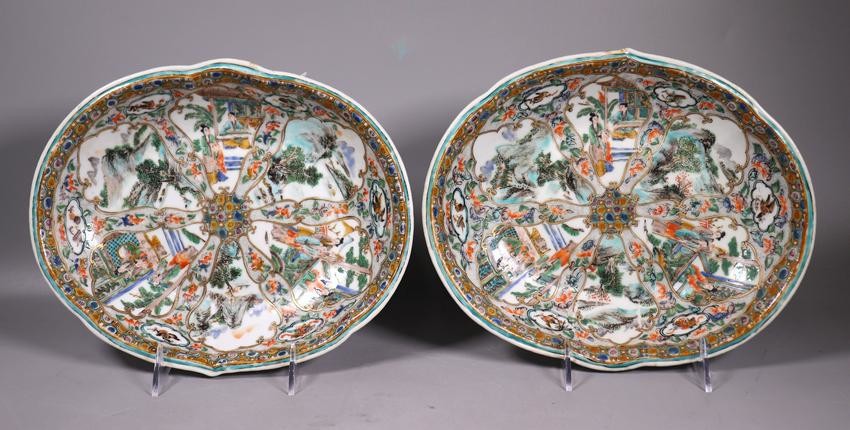 Pr Chinese 19 C Enameled Porcelain Oval Plates