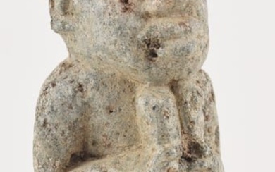 Pre-Columbian (?) carved gray stone seated figure. Gray colored stone with allover mica flecks. 6in