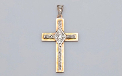 Pretty pendant " Cross " in yellow gold, 750 MM, decorated with round and pink cut diamonds, dimensions 4,7 x 3 cm, 1st half XXth, weight : 7gr. rough.