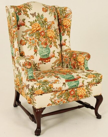 QUEEN ANNE STYLE WINGED ARMCHAIR WITH DESIGNER
