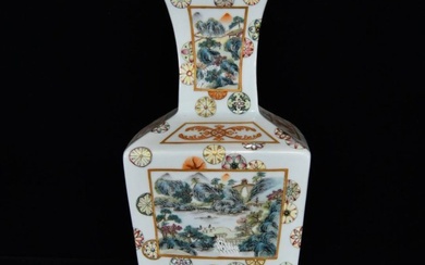 Qing Dynasty Qianlong Famille Rose Square Vase with Ball Flower and Landscape Pattern