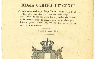 ROYAUME DE SARDAIGNE ET D'ITALIE. Lot de sept affiches. Édits et décrets royaux datés entre...
