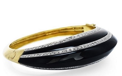 Retro Black Onyx Diamond Yellow Gold Dome Bangle Bracelet