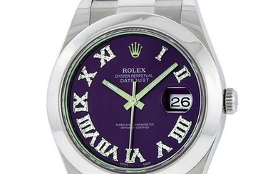 Rolex Mens SS 41MM Purple Roman Diamond Datejust 2 Oyster Band Wristwatch