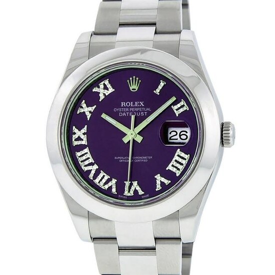 Rolex Mens SS 41MM Purple Roman Diamond Datejust 2 Oyster Band Wristwatch