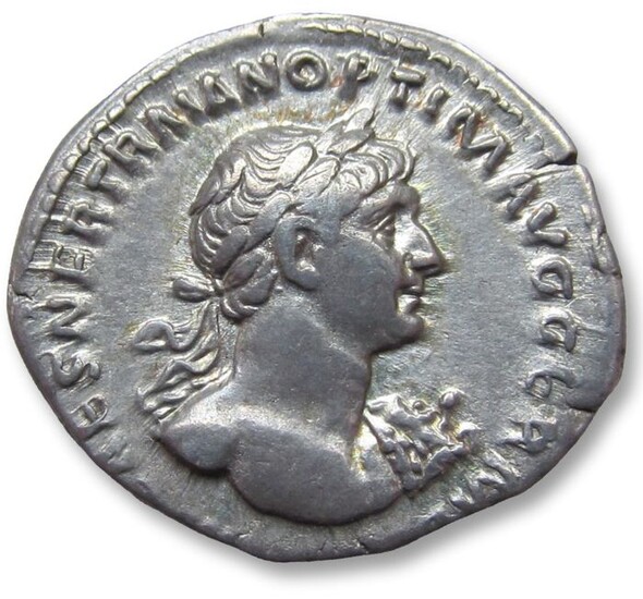 Roman Empire Trajan (AD 98-117). Silver Denarius- scarce bare bust variety with aegis, Rome 116-117 A.D. - PARTHICO P M TR P COS VI, Mars walking right
