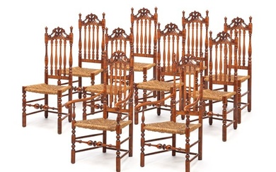 SET OF 10 COUNTRY BANNISTER-BACK DINING CHAIRS