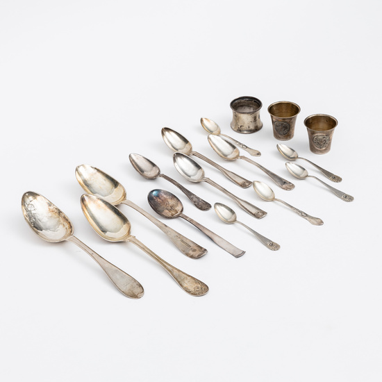 SILVER SPOONS, CUPS AND NAPKIN RINGS, silver, early 19th to late 20th century.