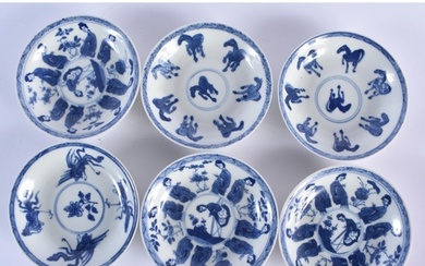 SIX CHINESE QING DYNASTY BLUE AND WHITE PORCELAIN SAUCERS. 1...