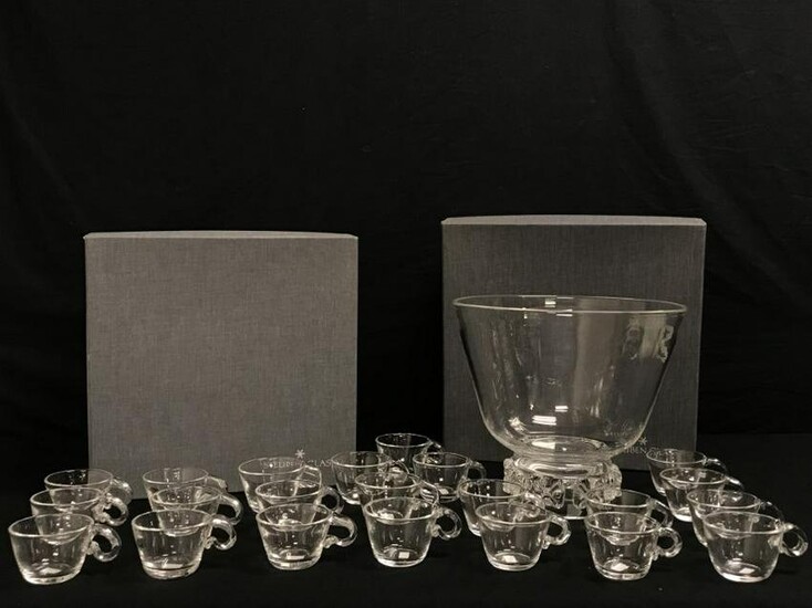 STEUBEN CLEAR GLASS PUNCH BOWL WITH 22 CUPS