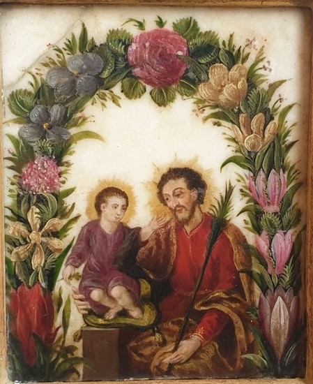Saint Joseph with baby Jesus surrounded by a flower garland - Tempera on alabaster marble - Late 16th century
