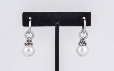 Sapphire and Diamond Bell Hoop South Sea Pearl Earrings