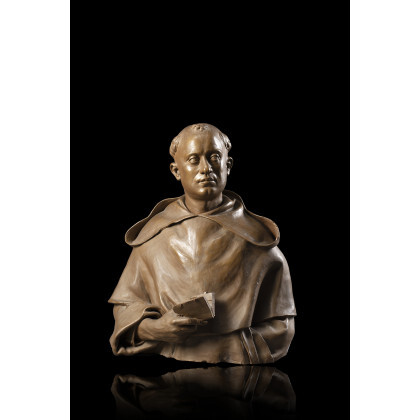Sculptor of the 18th century "Portrait of a Franciscan Friar with book in hands" terracotta bust (h. cm 65) (defects...