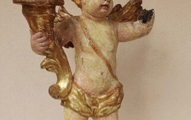 Sculpture, "Angel, Putto carries candle" - Wood - Late 17th century