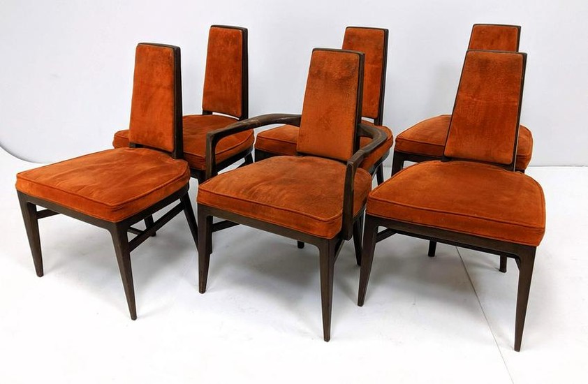 Set 6 American Modern Walnut Dining Chairs. Orange velv