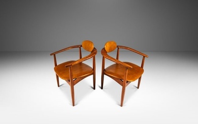 Set of Two (2) Mid-Century Modern Sculptural Lounge Chairs in Leather & Walnut in the Manner of